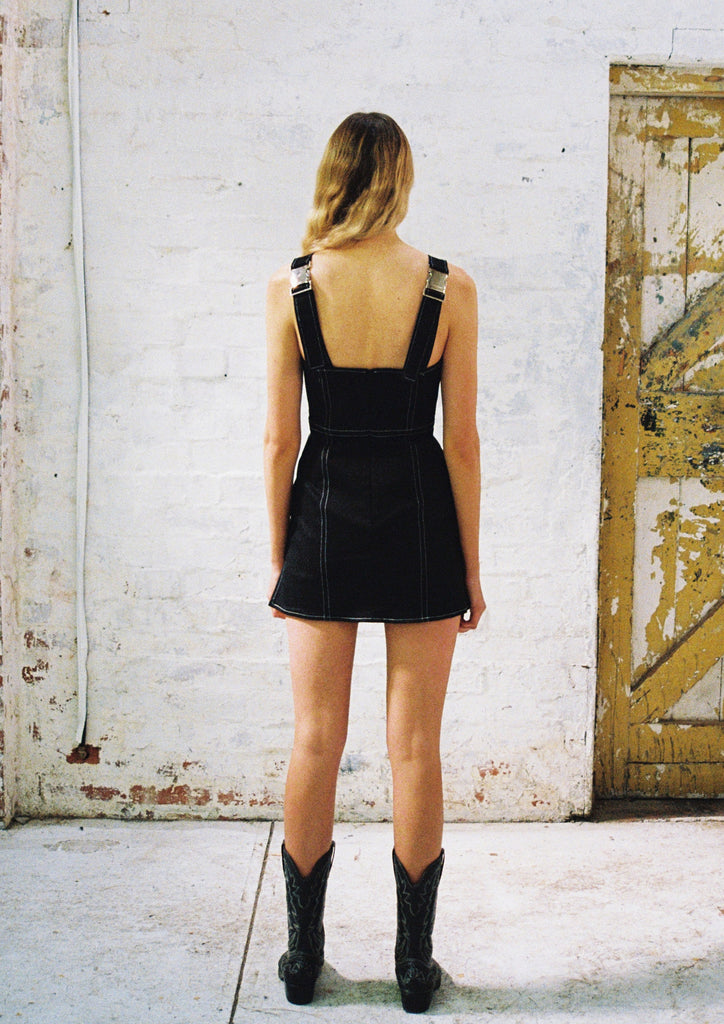 Project Bowman's Contrast Stitch Mini Dress. A Little Black Dress with Edge, side splits and cheeky length. 